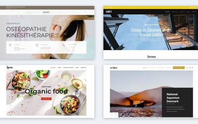 Exemples de sites vitrines : quatre modèles iPaoo pour un cabinet de kinésithérapie, une entreprise du BTP, un restaurant et un architecte