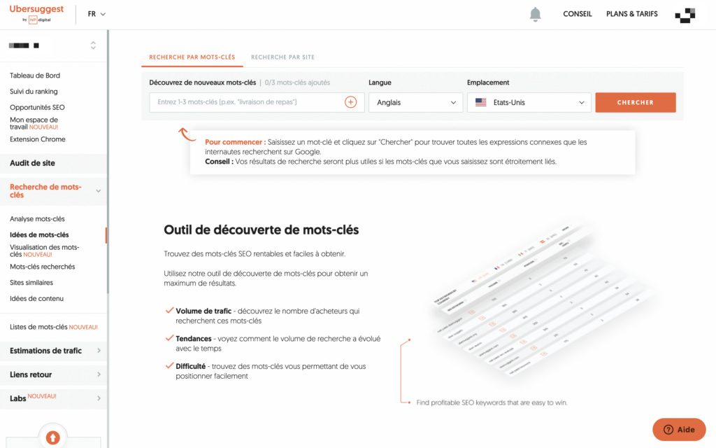 Trouver des mots clés avec Ubersuggest