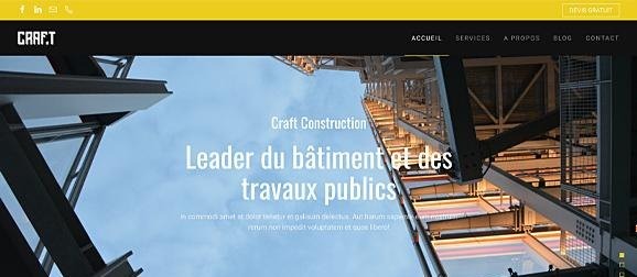 Exemple de site vitrine d'une entreprise du BTP avec un bandeau jaune et un bouton Devis gratuit en haut de page