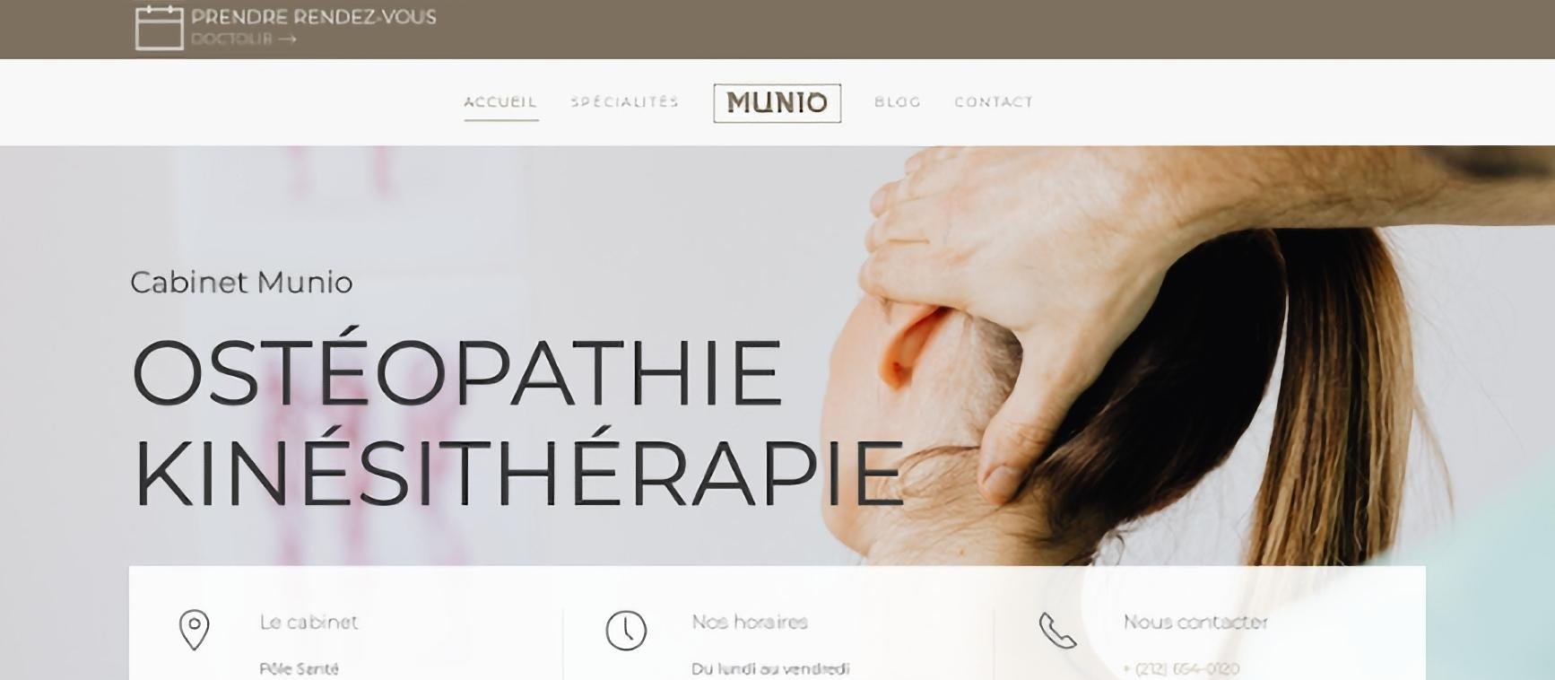 Exemple de site vitrine d'un cabinet d'ostéopathie : lien de prise de rendez-vous en haut de page, adresse, horaires et téléphone sous le titre